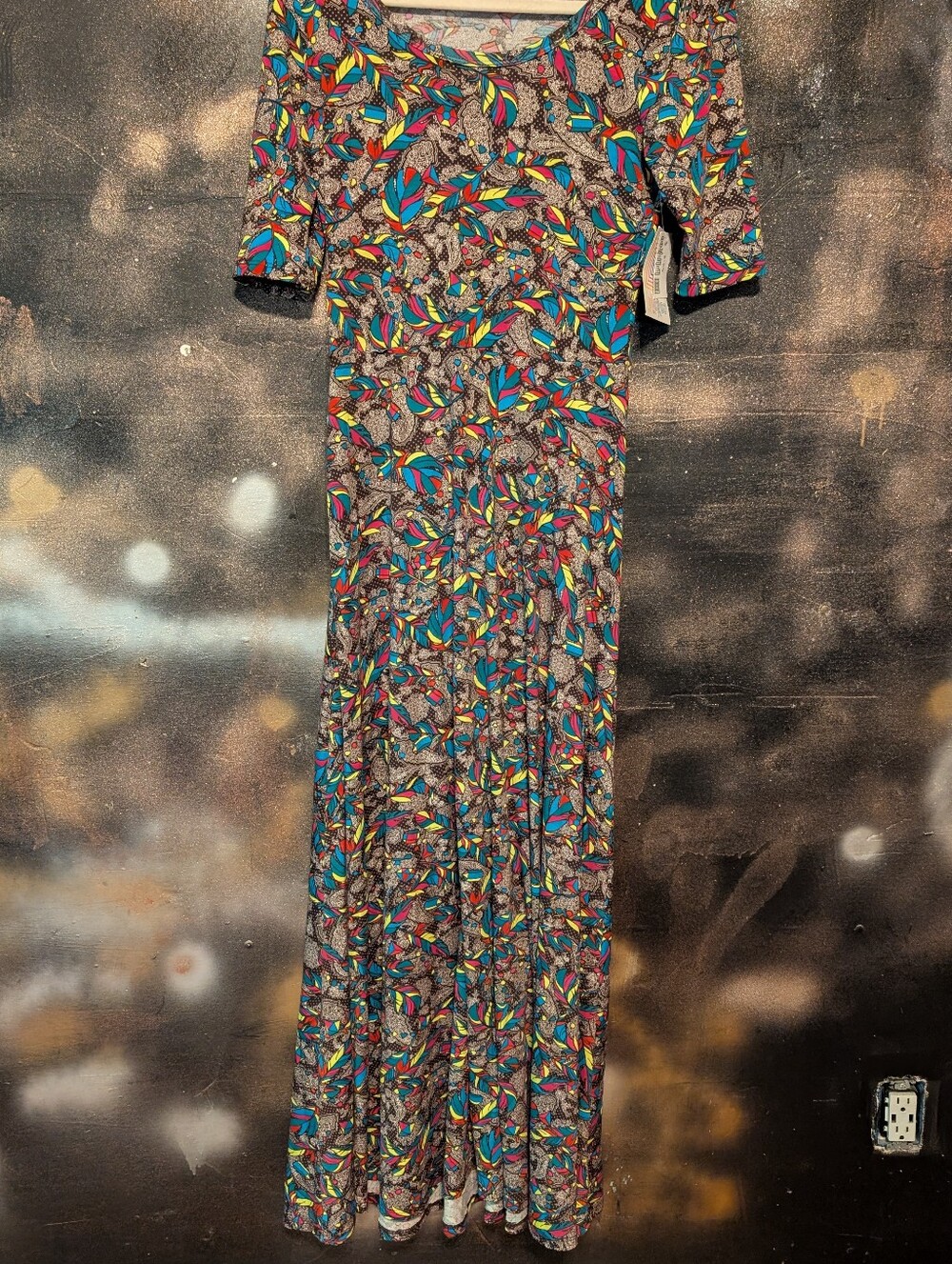 LuLaRoe Multicolor Leaf-Print Maxi Dress in Teal, Yellow, Pink, Brown